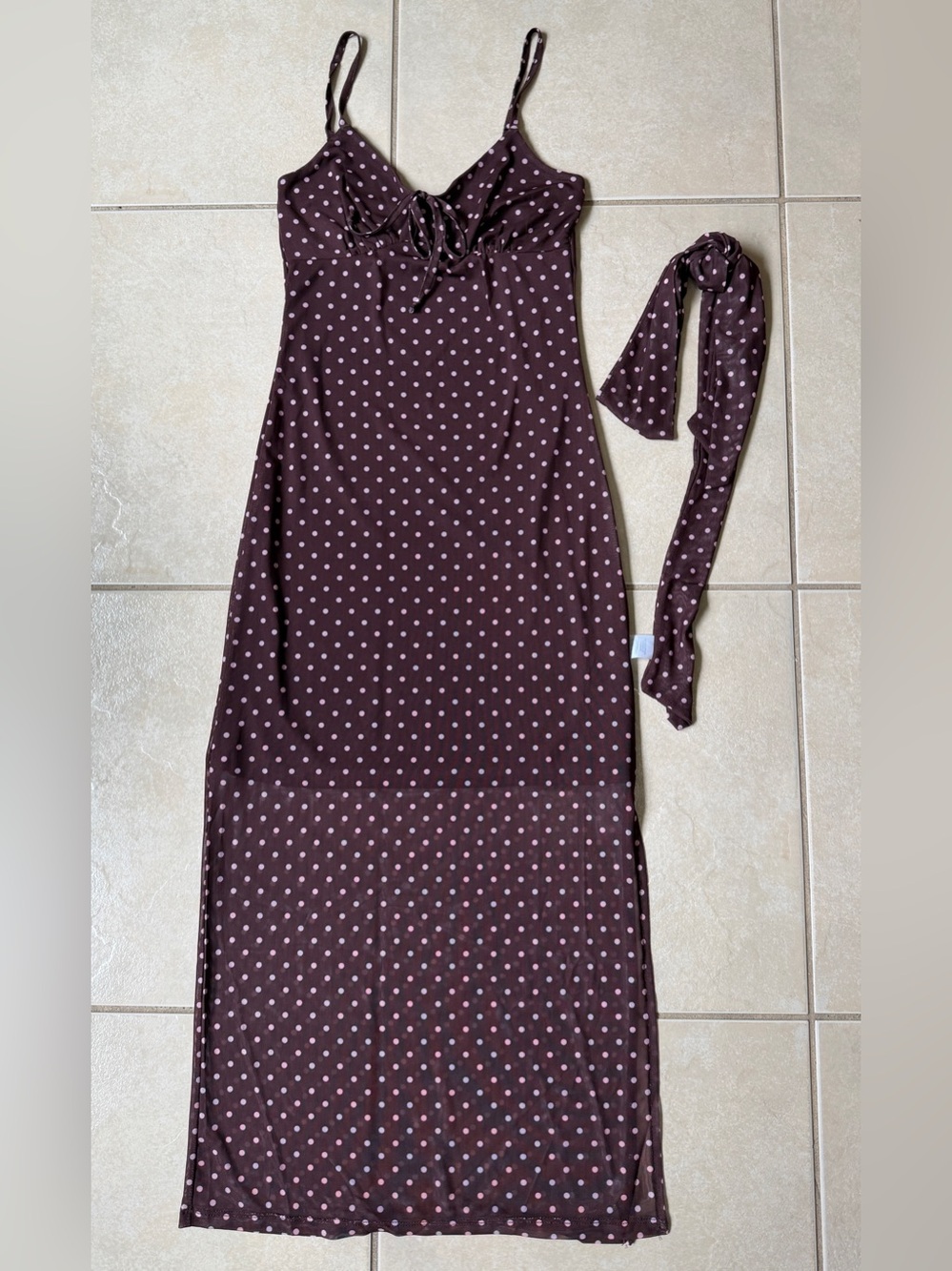 No Comment Brown Polka Dot Mesh Maxi Dress w/ Matching Scarf Size S Slit